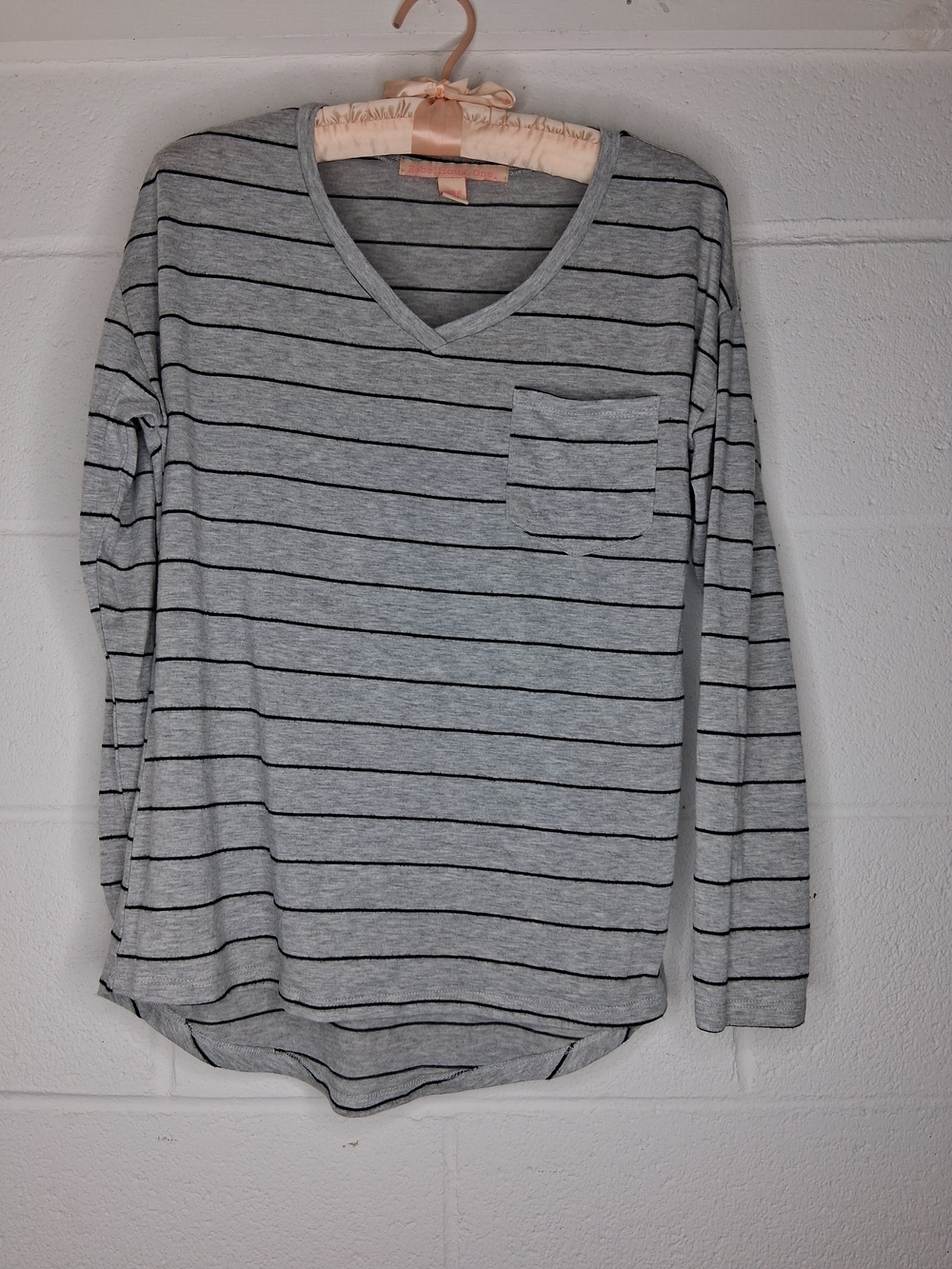 Rebellious One Light Gray & Black Striped V-Neck Long Sleeve Pocket Tee